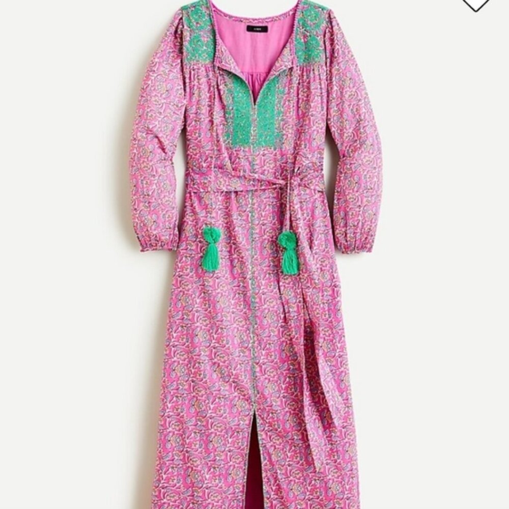 J Crew Embroidered Belted tunic dress in pink vines block print